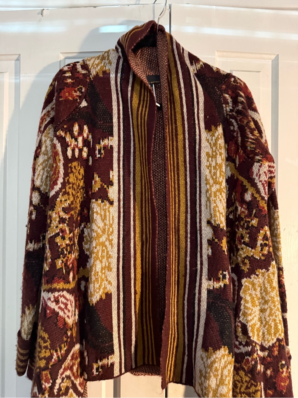 Buffalo David Bitton Burgundy, Mustard & Cream Patterned Open Front Cardigan
